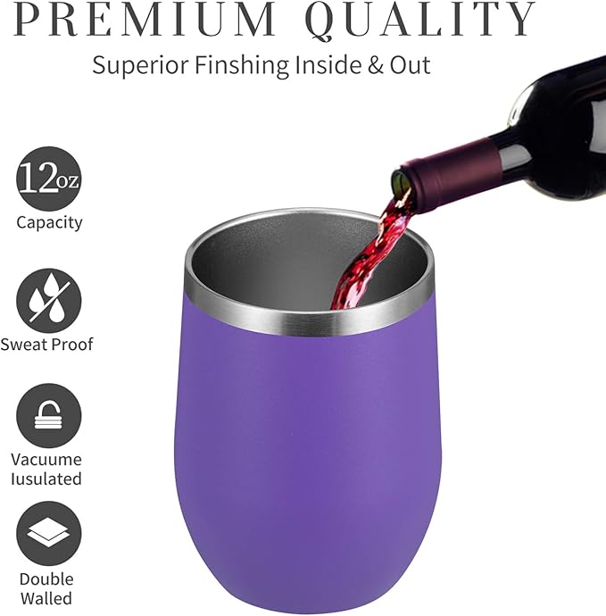 MEWAY Stemless 12oz Wine Tumbler Glasses with Lid -Insulated Double Wall Vacuum Stainless Steel Travel Tumbler with Straw,for Woman Under 10 dollars (Purple,1)