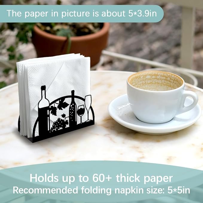 Grape Wine and Glass Decorative Black Metal Napkin Holder for Table, 4.9" x 4.9" x 1.9" Standing Napkin Holder for Home Kitchen Restaurant Picnic Party Coffee Bar Dining Room