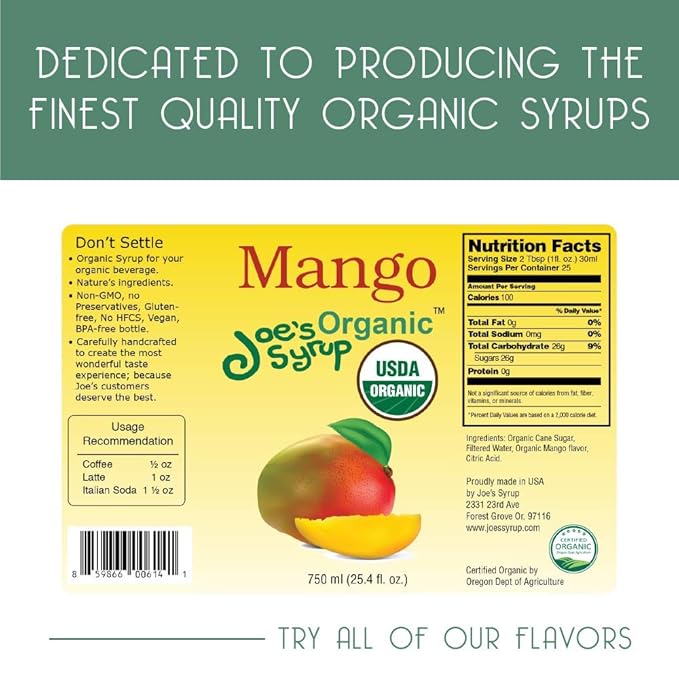 Joe’s Syrup Organic Flavored Syrup, Organic Mango, 750 ml