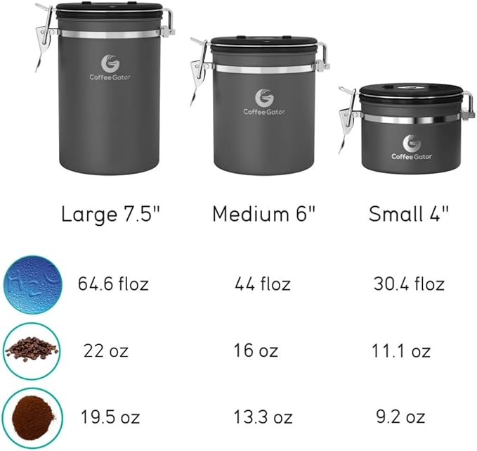 Coffee Gator Coffee Canister, 22oz Airtight Stainless Steel Kitchen Food Storage Container with Date Tracker, Valve, Scoop for Sugar, Grounds, Beans, Tea, Sugar, Cereal, Flour, Cookies Jars - Red