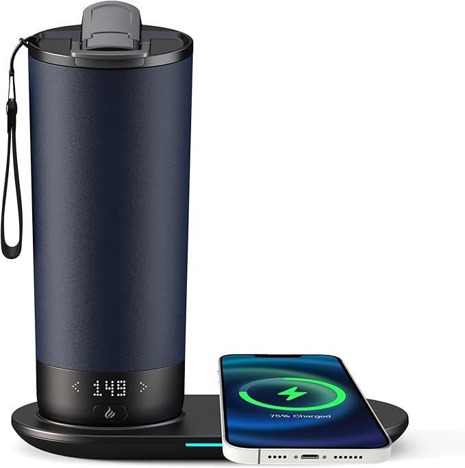 Temperature Control Heated Travel Mug Smart Self Heating Coffee Mug 20 Oz App Controlled LED Display coffee serving sets mug kept at a constant temperature for 4-10 hours (Navy Blue, 20 oz)