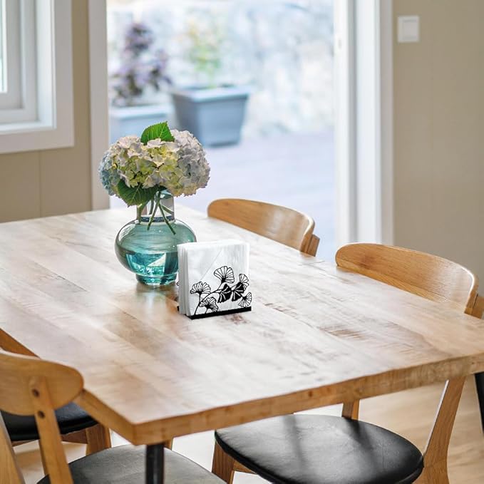 Modern Ginkgo Leaves Decorative Black Metal Napkin Holder for Table, 4.9" x 4.9" x 1.9" Standing Napkin Holder for Home Kitchen Restaurant Picnic Party Coffee Bar Dining Room