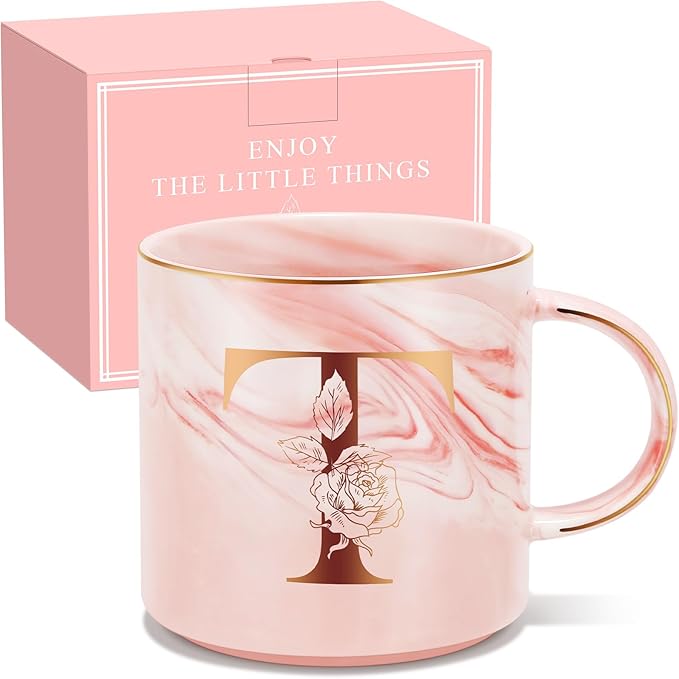 Personalized Gifts for Women Coffee Mug, Initial Customized Gift Monogrammed A-Z Coffee Mug 12 OZ, Christmas Anniversary Birthday Gifts for Women Mom Grandma Friend Sister Wife (T)