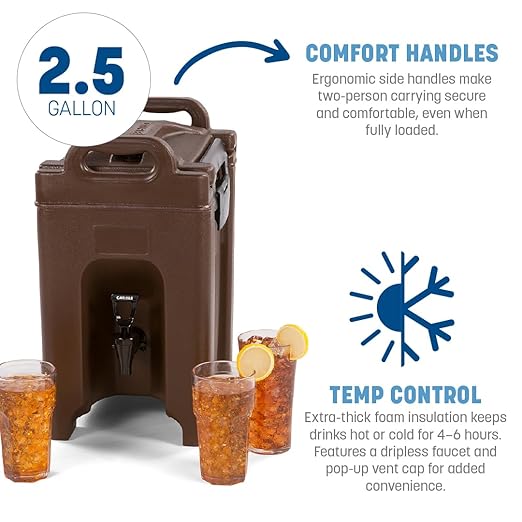 Carlisle FoodService Products Cateraide Insulated Beverage Dispenser with Handles for Catering, Kitchen, and Restaurants, Plastic, 2.5 Gallons, Brown