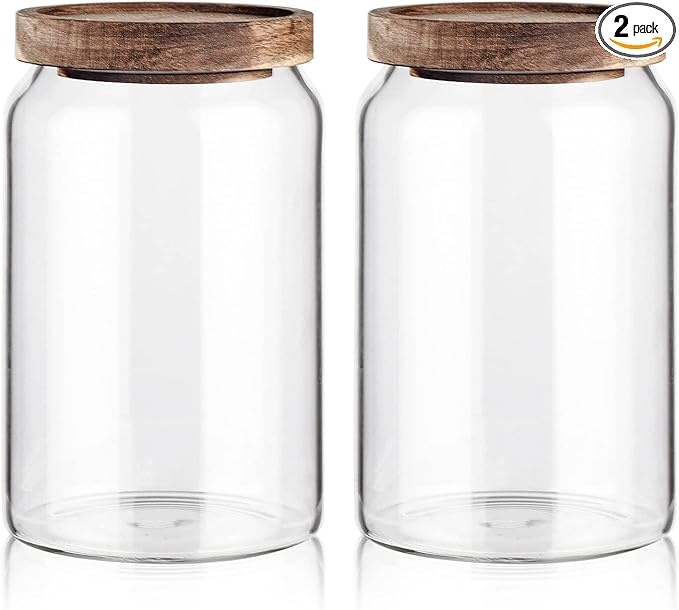 Labina Glass Storage Container Airtight Food Jars Kitchen Canister with Wood Lids, 33 Oz Wide Mouth Pantry Organization Glass Jar for Flour, Sugar, Cookie, Spagetti, Nuts and Candy (2 Pack)