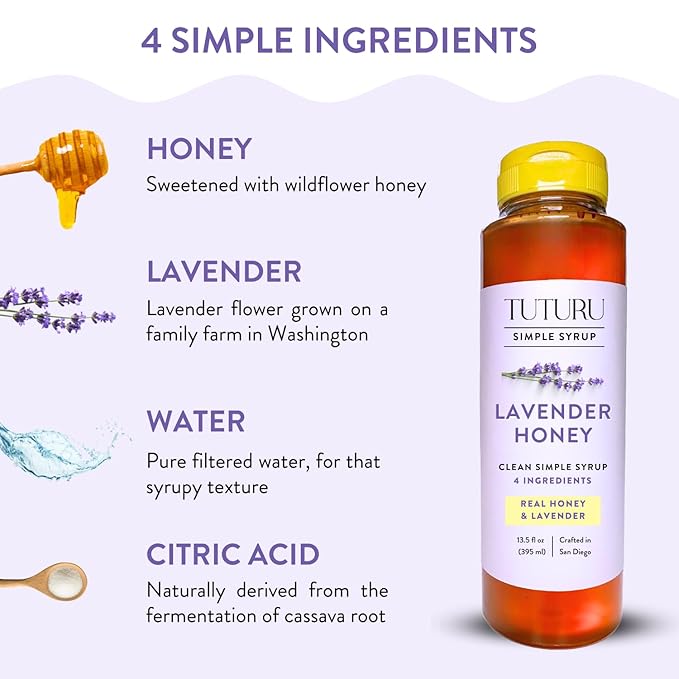 Lavender Honey Simple Syrup for Coffee, Cocktails, Tea, Matcha - Clean Simple Syrup with Real Lavender & Honey - 13.5 oz