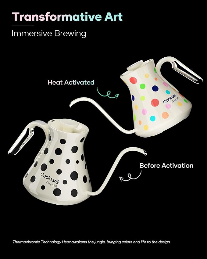 Cocinare FLOW M6 Pro Electric Gooseneck Kettle with Color-Changing Design, ±0.5℉ Temperature Control for Pour-over Coffee & Tea, Stainless Steel Interior, Quick Heating for Boiling Water (Polka)