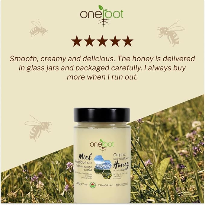 Oneroot 100% Organic Canadian Wildflower Honey - 17.6 Oz/1.1 Lbs, Unheated & Creamed - Nutrient-Rich, Natural Sweetener with Enzymes - Thick & Pure Raw Unfiltered Honey