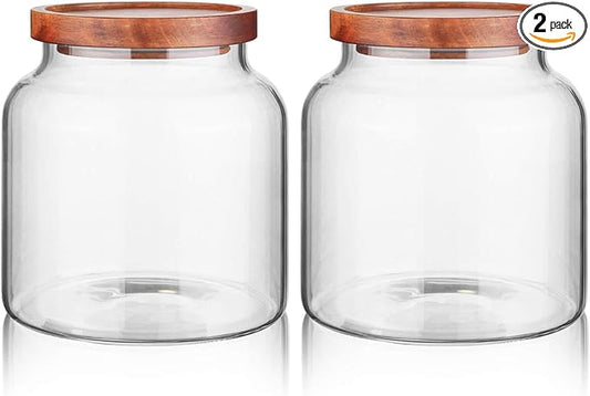 Labina Glass Storage Container Airtight Food Jars Kitchen Canister with Wood Lids, 54 Oz (1600ml) Wide Mouth Pantry Organization Glass Jar for Flour, Sugar, Cookie, Spagetti, Nuts and Candy (2 Pack)