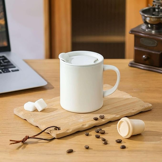 12oz Insulated Camping Coffee Mug with Lid & Handle, Double Wall Stainless Steel Vacuum Travel Coffee Cup, Reusable Tumbler for Home Office Camping - White