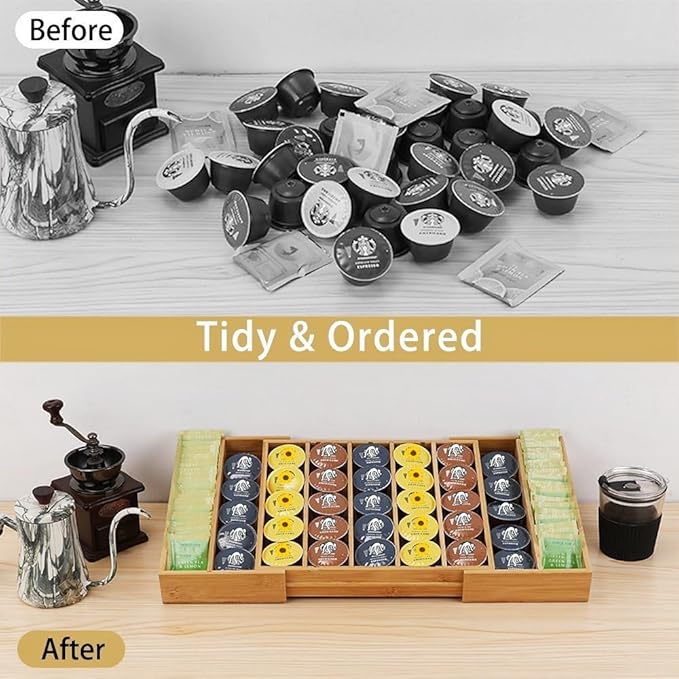 K Cup Holder Bamboo Coffee Pod Holder Drawer Organizer, Expandable K Cup Pod Storage Tea Bag Storage for Coffee Station Home Office and Kitchen