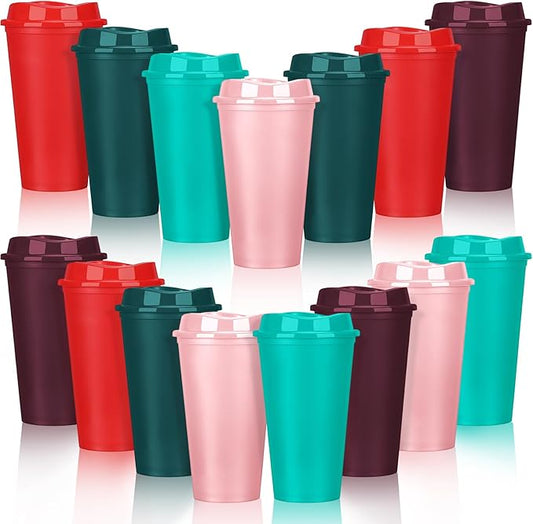Domensi 15 Pack Reusable Coffee Cups with Lids 16 oz Disposable Travel Cups Bulk Plastic to Go Coffee Tumblers for DIY Hot Cold Drink Party Favors Coworker, Microwaveable (Multi Colors)