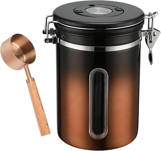 Coffee Canister, Airtight Coffee Container with Date Tracker Lid, Stainless Steel Canister for Kitchen Food Storage (Black-Copper, 22oz with 1/4 Cup)