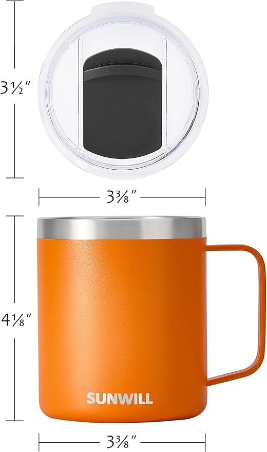 SUNWILL Insulated Coffee Mug with Lid, Travel Tumbler with Handle, 14 oz Stainless Steel Cup for Camping, Office, Home, Powder Coated Orange