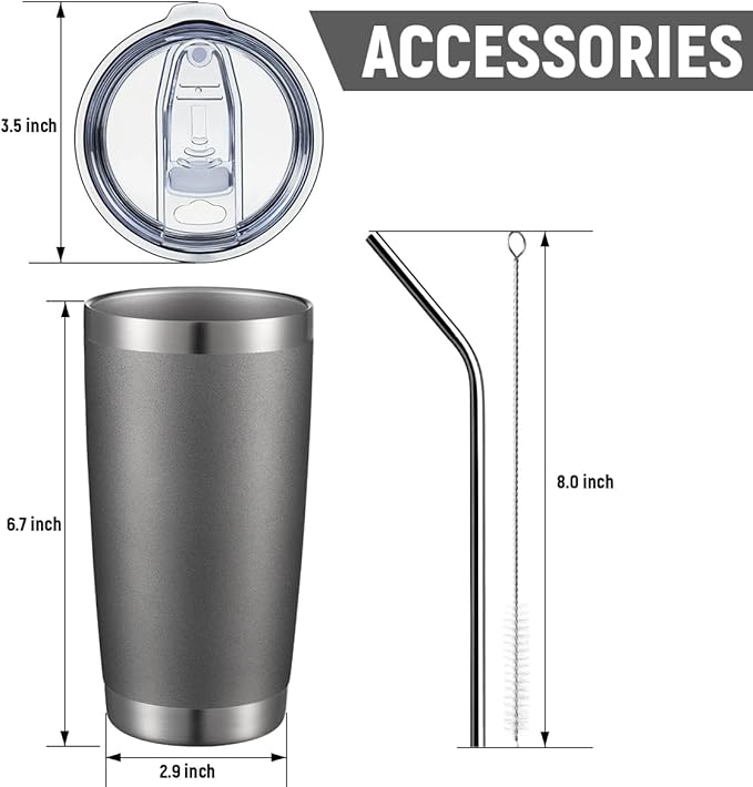 COMOOO 20oz/8Pack Tumbler Double Wall Vacuum Insulated Coffee Travel Mug Stainless Steel Tumbler with Lid and Straw Coffee Cup for Cold & Hot Drinks, Home and Outdoor (Cold Grey, 8 Pack)