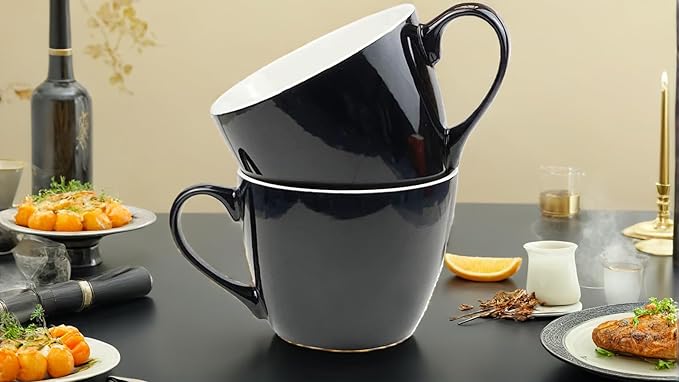 MECOWON 30 OZ Porcelain Coffee Mugs, Set of 2 Large Mugs for Soup, Cereal and Salad (black)