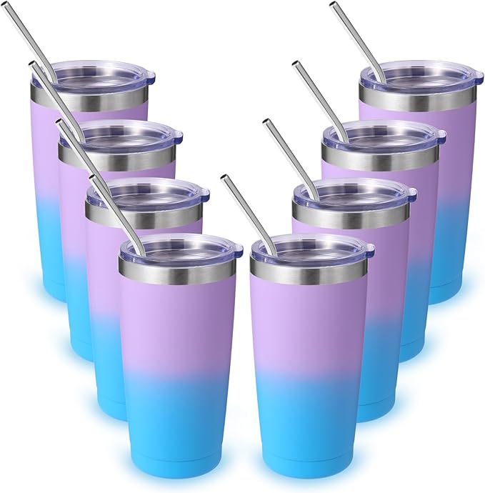 Volhoply 20oz Stainless Steel Tumbler with Lid and Straw Bulk 8 Pack,Double Wall Insulated Travel Iced Coffee Mug Fits Cup holder,Powder Coated Cups for Hot/Cold Drinks,Christmas Gifts（lavender,8 Set）