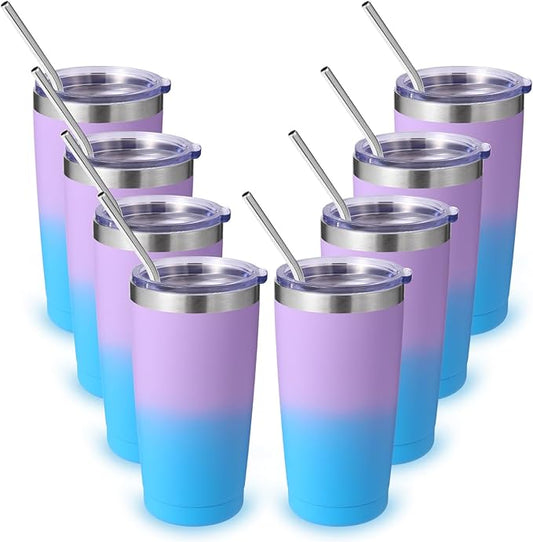 Volhoply 20oz Stainless Steel Tumbler with Lid and Straw Bulk 8 Pack,Double Wall Insulated Travel Iced Coffee Mug Fits Cup holder,Powder Coated Cups for Hot/Cold Drinks,Christmas Gifts（lavender,8 Set）