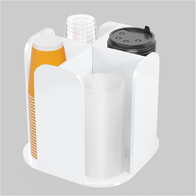 Beego Rotatable 4-Compartment White Acrylic Cup Dispenser - Coffee Station Cup and Lid Carousel Countertop Plastic Cup Holder for Restaurant Breakroom Coffee Bar