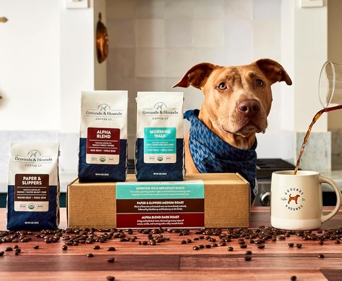 Grounds & Hounds Three Blend Starter Kit - 100% Organic Whole Bean Coffee Variety Pack, Whole Coffee Beans, Includes Three 12oz Bags of Our Most Popular Blends