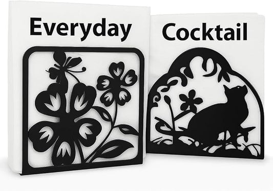 Decorative Metal Napkin Holder Set – Cat & Floral Design – 2 Sizes for Everyday & Cocktail Napkins – Black Modern Kitchen Coffee Filter Holder for Size #2 & #4 coffee filters.