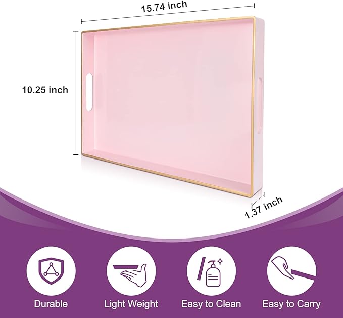 Gifturbo Pink Serving Trays,Decorative Serving Tray with Handles, Coffee Table Rectangular Trays Plastic Tray for Ottoman Bathroom,Living Room, 15.7” x 10.2” x1.37”