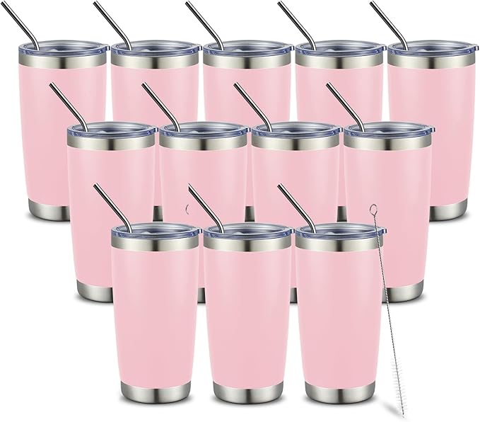 COMOOO 20oz Double Wall Vacuum Insulated Travel Mug Stainless Steel Tumbler with Lid and Straw Durable Powder Coated Insulated Coffee Cup for Cold & Hot Drinks (Pink, 12 pack