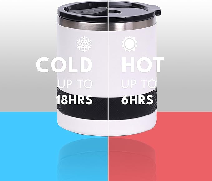 Elemental Recess Lowball Tumbler, 10oz Triple Wall Stainless Steel Cup with Non-Shattered Tritan Lid, Insulated Whiskey Glass, Insulated Coffee Tumbler Mug for Hot & Cold Drinks - White