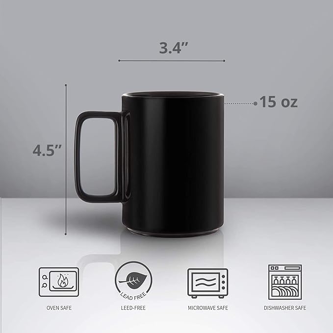 E-liu Porcelain Tea Mugs Coffee Mug Set, Large 15 Ounces Cups for Coffee, Tea, Cocoa, and Mulled Drinks, Set of 6, Black