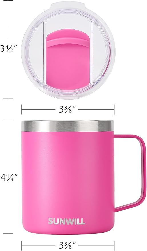 SUNWILL Travel Coffee Mugs Set of 4, Insulated Tumbler with Lid, 14oz Stainless Steel Cup with Handle Bulk for Gift, Camping, Office, Powder Coated Charcoal, Royal Blue, Magenta, Yellow