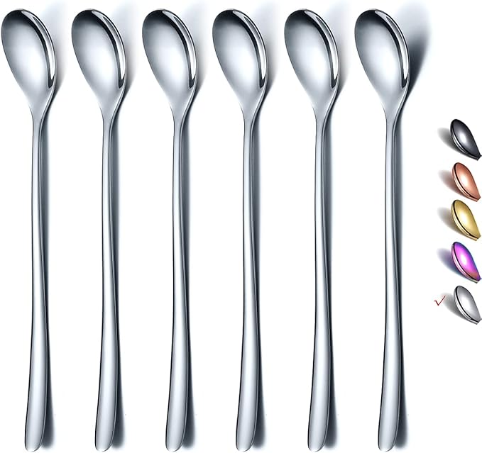 Premium Stainless Steel Coffee Stirrer Set, Long Handle, Ice Tea & Cream Spoons, Cocktail Stirrer - Set of 6 (Silver)