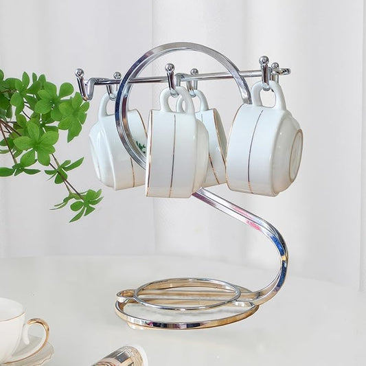 Coffee Mug Holder Metal,Mug TeaCups Holders Countertop,Coffee Mug Tea Cup Stand Storage Rack Tabletop Counter 6 Hooks(Silver)