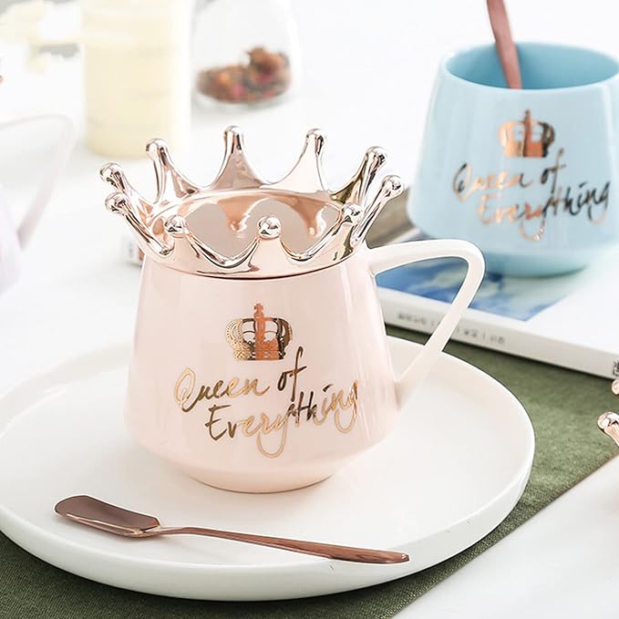 Pink Queen of Everything Mug with Lid Cute Pink Cup with Crown Tea Coffee Mugs Gift with Spoon & Coaster 12 oz Ceramic Cups Birthday Gifts for Women Girls Mom Friend Mothers Day Gifts for Mom