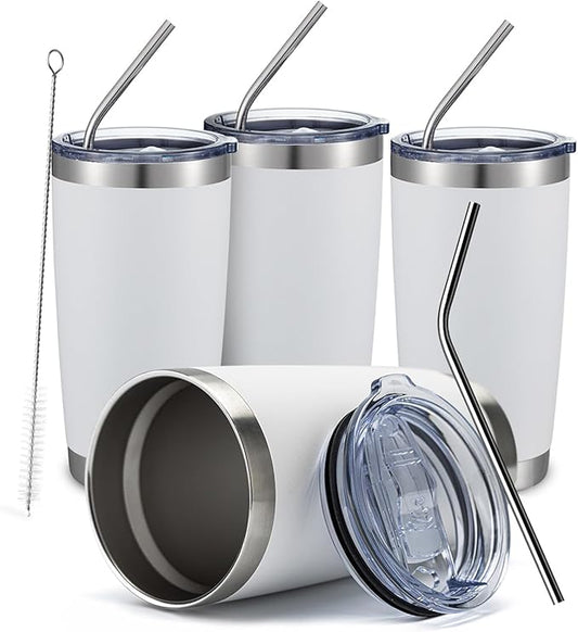 COMOOO 20oz White Tumbler Bulk with Straw Stainless Steel Insulated Coffee Tumbler Cups Double Wall Vacuum Travel Coffee Mug with Splash Proof Sliding Lid for Hot Cold Drinks (White, 4 Pack)