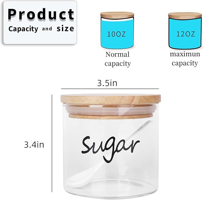 Clear Glass Sugar Bowl with Spoon and Silicone Sealing Lid, Farmhouse Kitchen Countertop Canisters, Container Jar Dispenser Holder for Kitchen,12 oz
