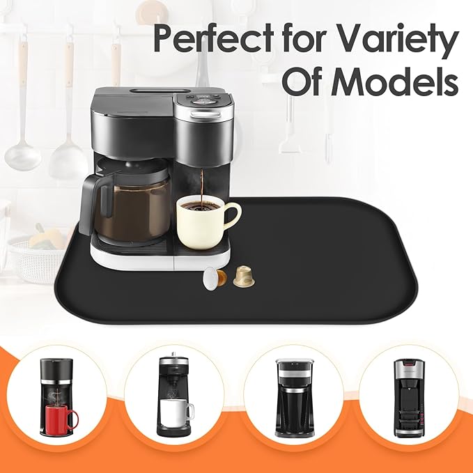 TOHONFOO Silicone Coffee Maker Mat with Lip, 24'' x 16'' Heavy Duty Coffee Maker Mat for Countertops, Coffee Tray Fit Under Coffee Machine Appliance Automatic Machines Espresso Accessory, Black