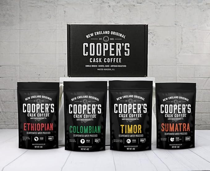 Gourmet Decaffeinated Coffee Sampler Gift Box Set | Whole Bean Coffee 4 bags, Ethiopian, Colombian, Timor, Sumatra Water Processed (Whole Bean, 16oz Decaf)