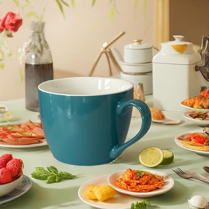 MECOWON 30 OZ Porcelain Coffee Mugs, Set of 2 Large Mugs for Soup, Cereal and Salad (Teal (bluish - green))