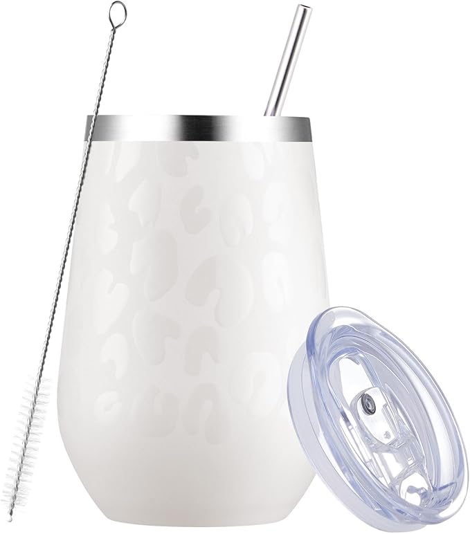 MEWAY 12oz Insulated Wine Tumbler with Press-In Lid, Double Wall Vacuum Stainless Steel Travel Tumbler with Straw,Travel Cup for Coffee and Drinks, Gift for Woman Under 10 dollars(Almond Leopard,1)