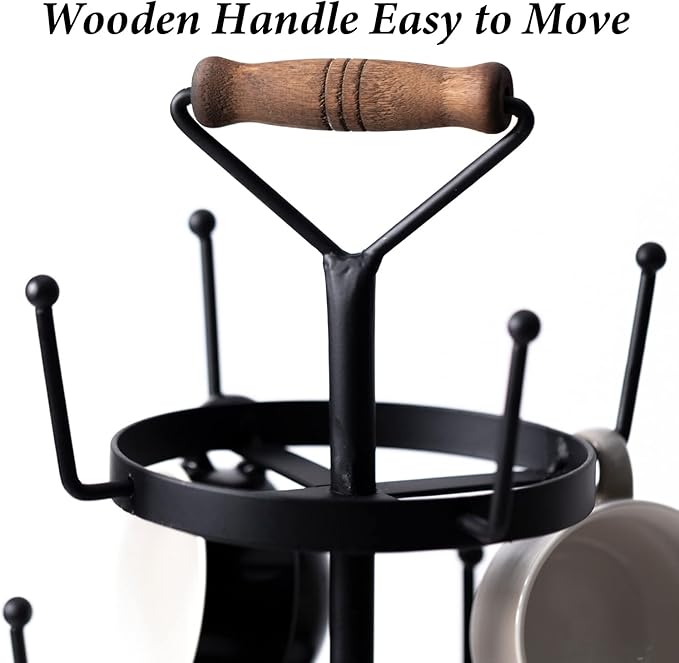 Coffee Cup Tree, Black Metal Coffee Tree Mug Holder, 4 Tiers Cup Trees Stand for 12 Mug Hooks with Storage Basket & Wooden Handle, Mug Rack Countertop for Counter Bar Kitchen