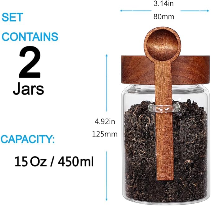 SAIOOL Sugar Jar with Lid and Spoon Set of 2, 16 OZ Tea Canisters for Loose Tea Jars with Screw Mouth, Coffee Container for Ground, Retro Style Truly Airtight