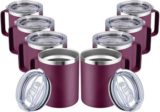 MEWAY 12oz Coffee Mug With Handle and Sliding Lid,Stainless Steel Travel Tumbler Cup with Handle,Double Wall Vacuum Insulated Camping Cup for Hot & Cold Drinks Tea (Plum,Set of 8)
