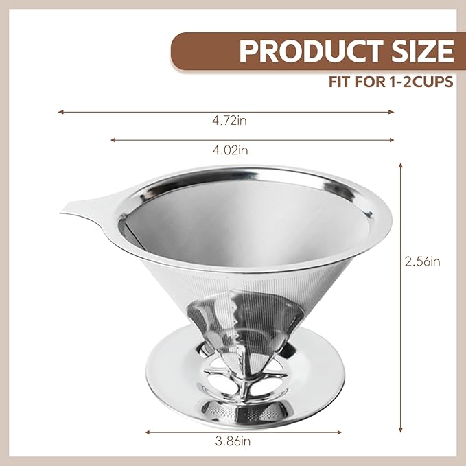 Pour Over Coffee Dripper Stainless Steel Coffee Filter Metal Cone Filter Extra Fine Wire Mesh Reusable Coffee Filter Coffee Maker (Silver, 1-2 Cups)