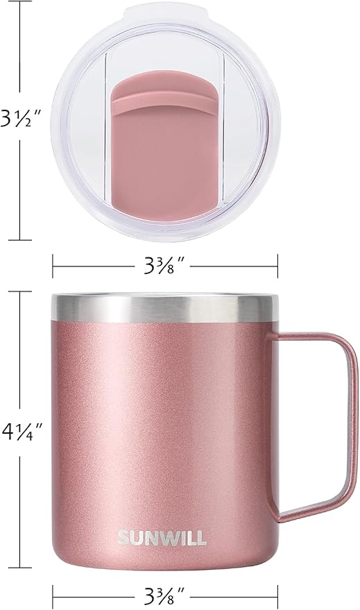 SUNWILL Travel Coffee Mug with Lid, Insulated Tumbler with Handle, 14 oz Stainless Steel Cup Set of 2 for Camping, Outdoor, Cool Grey & Rose Gold 2 Pack