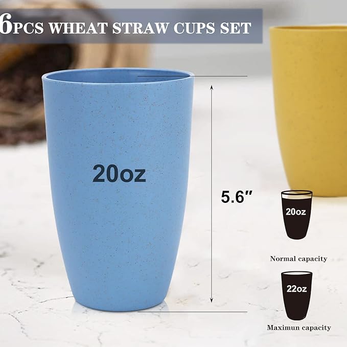 Homienly Wheat Straw Cups Alternative to Plastic Cups - Set of 6 Unbreakable Drinking Cup Reusable Dishwasher Safe Water Glasses Cups for Kitchen Tumblers Kitchen Essentials(20 OZ)