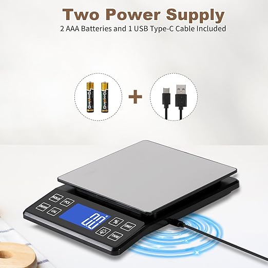 Digital Kitchen Scale with 0.1g/0.001oz High Precision, 5kg/11lb Food Bakery Scale with% Percentage Function, Tare Function, USB Rechargeable or AAA Battery Power, Stainless Steel Pan