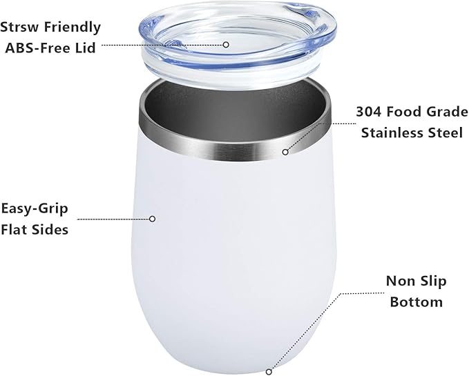 MEWAY 12 OZ/12 Pack Wine Tumbler Glasses with Lid -Double Wall Vacuum Stainless Steel Travel Tumbler Mug,Stemless Insulated Wine Cup for,Coffee,Cocktails,Gifts (White,Set of 12)