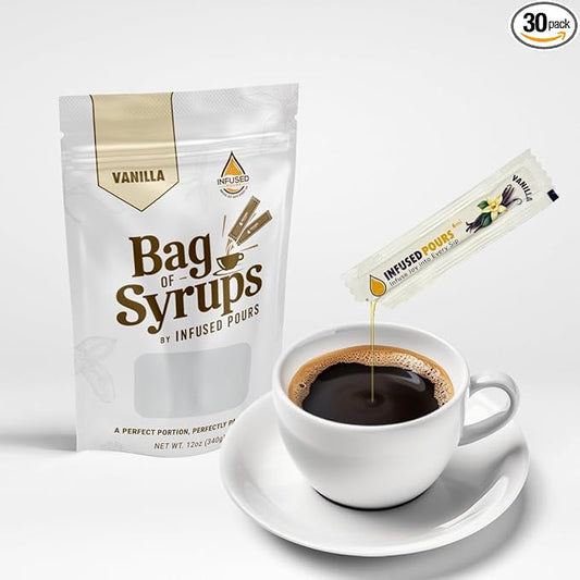 Single Serving Vanilla Syrup Packets for Coffee and Cocktails - 6mL Each, 30 Count - Bag of Syrups by Infused Pours (6mL, Vanilla)