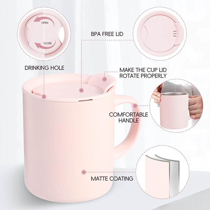 12oz Coffee Mug,Insulated Camping Mug with Lid,Double Wall Stainless Steel Travel Coffee Cup with Handle, Vacuum Reusable Coffee Tumbler Cup for Home, Office, Camping - Pink