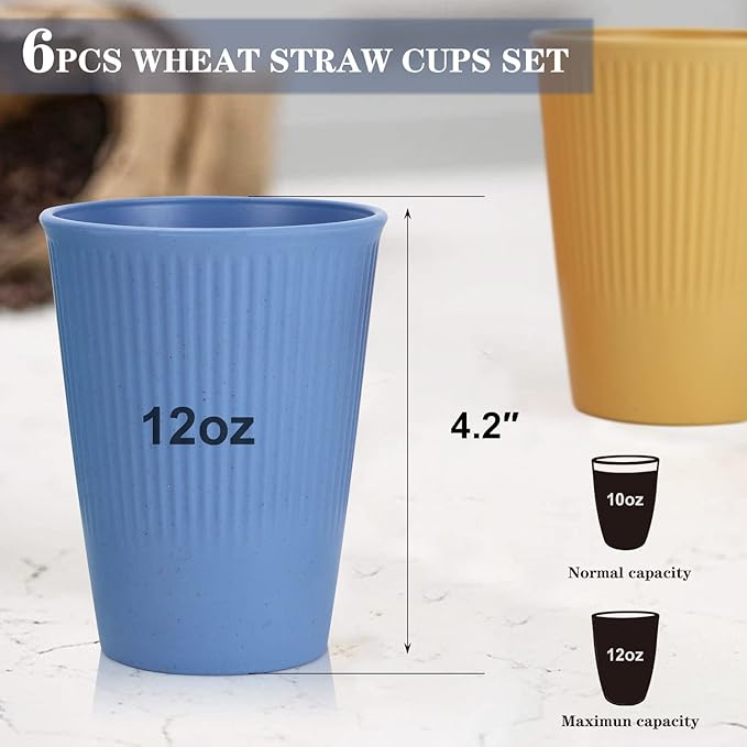 Homienly Drinking Cups Stackable Wheat Straw Cups 6 PCS Good Alternative to Dispoable Cups 12 oz Unbreakable Water Cups Reusable Dishwasher Safe Drinking Glasses Kitchen Essentials - Colorful